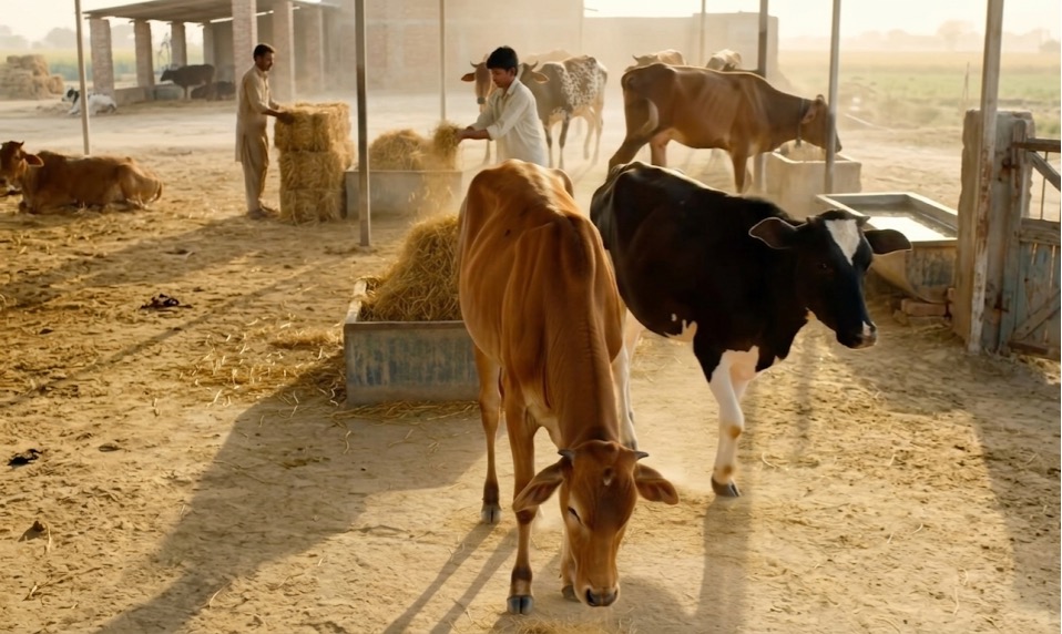 Cows eating dry fodder at a Gau Shala