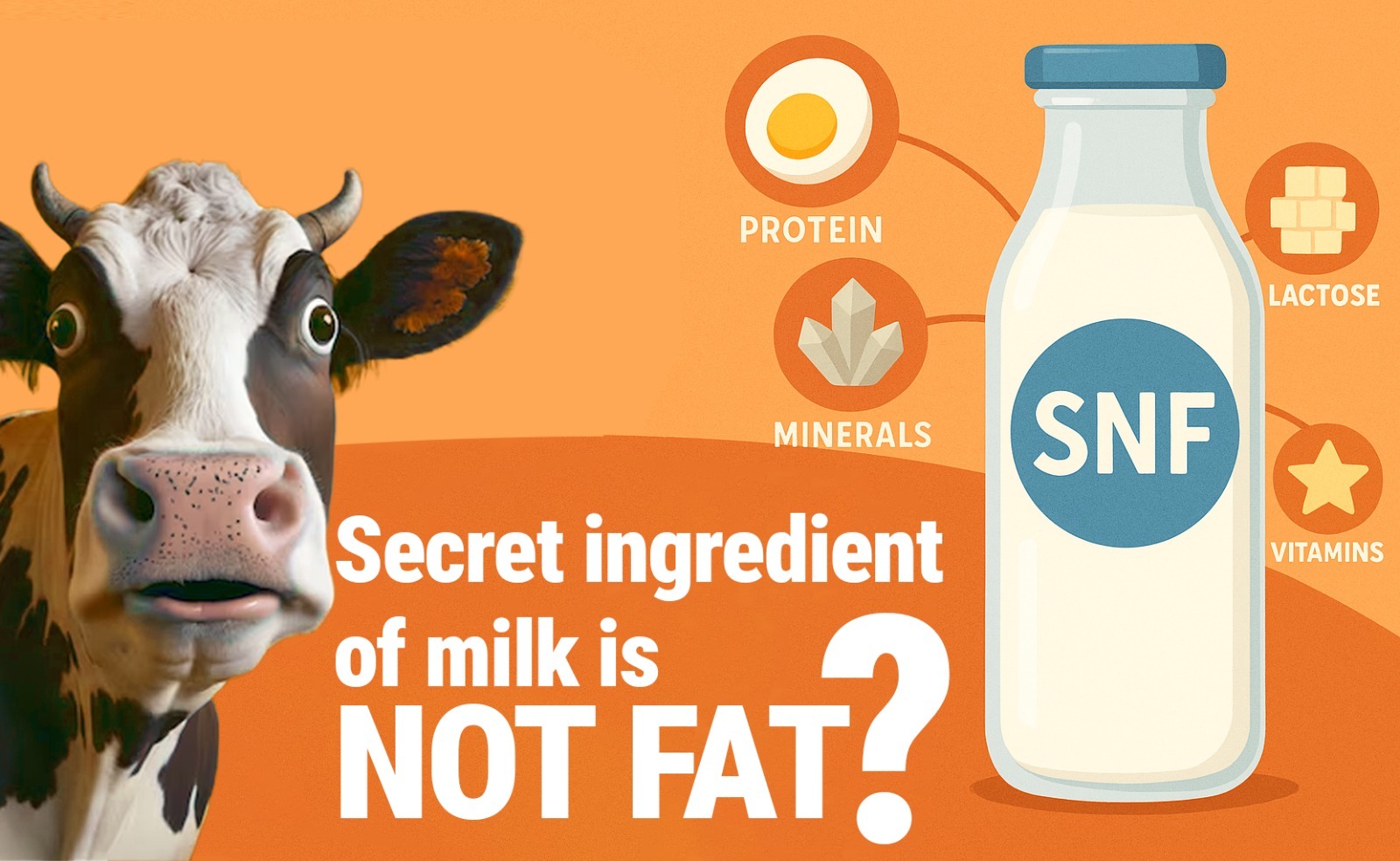Infographic titled 'Holy Cow! The Secret Ingredient in Milk is not Fat' featuring illustrations of a cow, a glass of milk, hydroponic green fodder, and a farmer holding a tablet. The image highlights SNF (Solids-Not-Fat) as a key factor in milk quality and farm income, emphasizing the benefits of hydroponic fodder for boosting SNF levels.