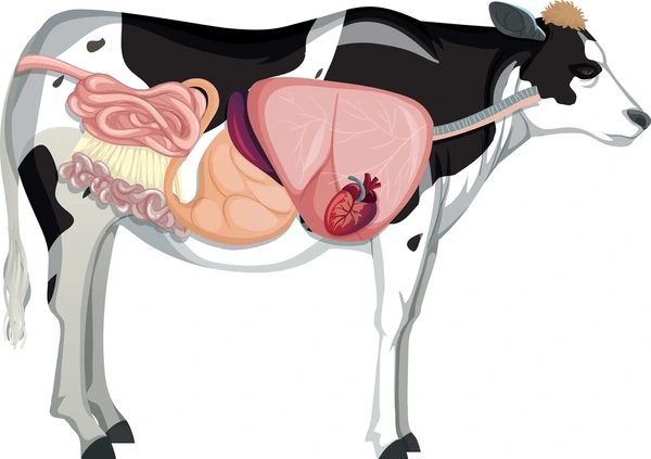 Illustration showing the internal biological parts of a cow, highlighting the digestive system including the rumen, intestines, and other organs.