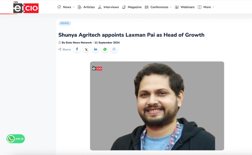 Announcement of Laxman Pai as CGO for Shunya Agritech