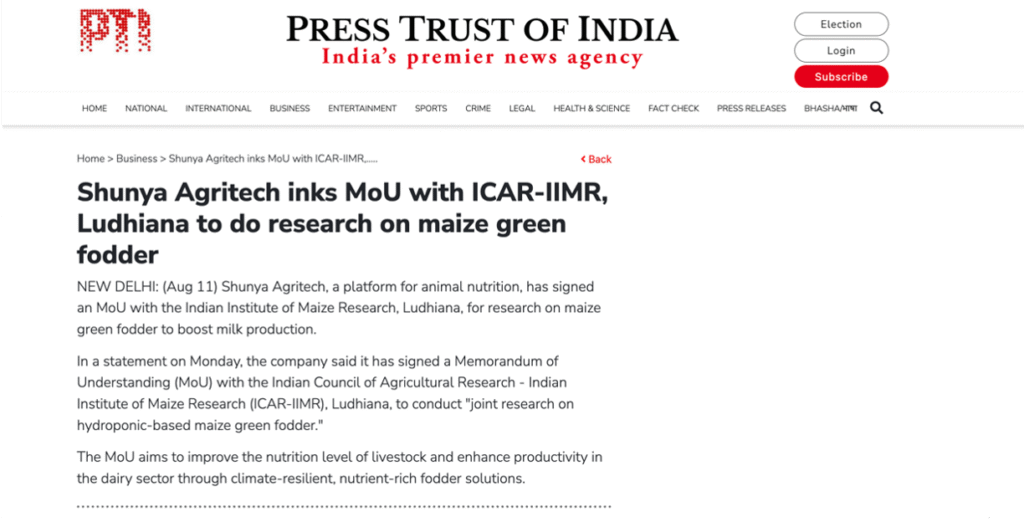 News coverage in PTI website on MoU signed between Shunya Agritech & ICAR-IIMR on research on maize based hydroponic green fodder