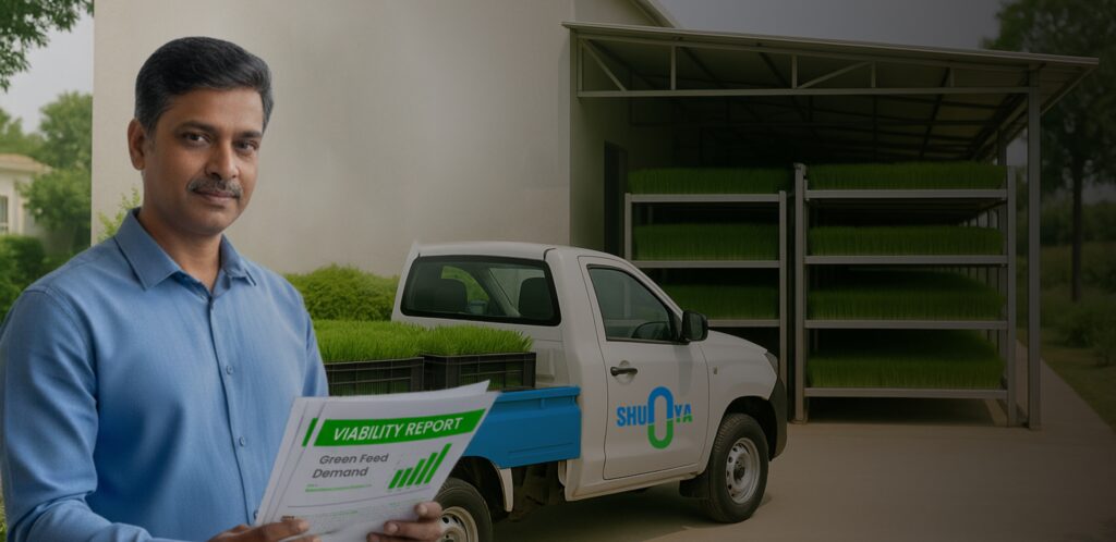 Shunya Agritech Production Partner standing in front of his Growth & Logistics Centre Referring to the Viability Assessment Report