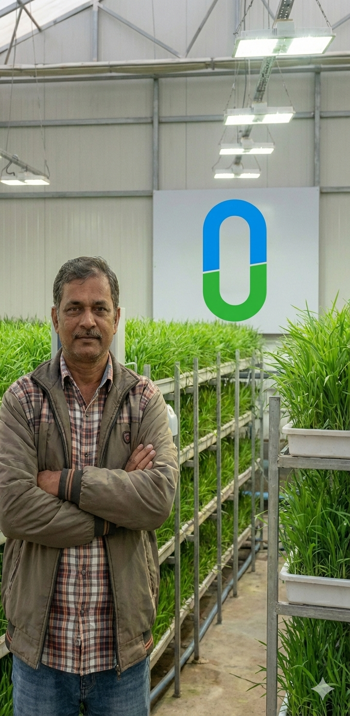 A rural entrepreneur standing in his Growth and Logistics centre that is operated as Production Partner for Shunya Agritech to grow Nutri Ankurit Feed