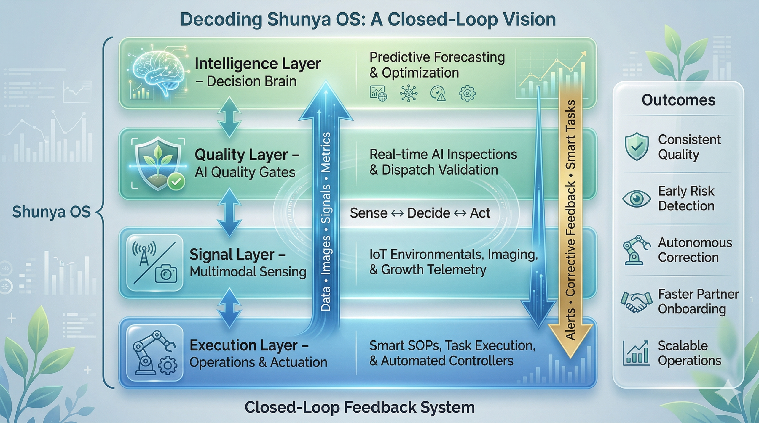 Shows the 4 tiered architecture of Shunya ProductionOS that powers our Growth & Logistics Centres