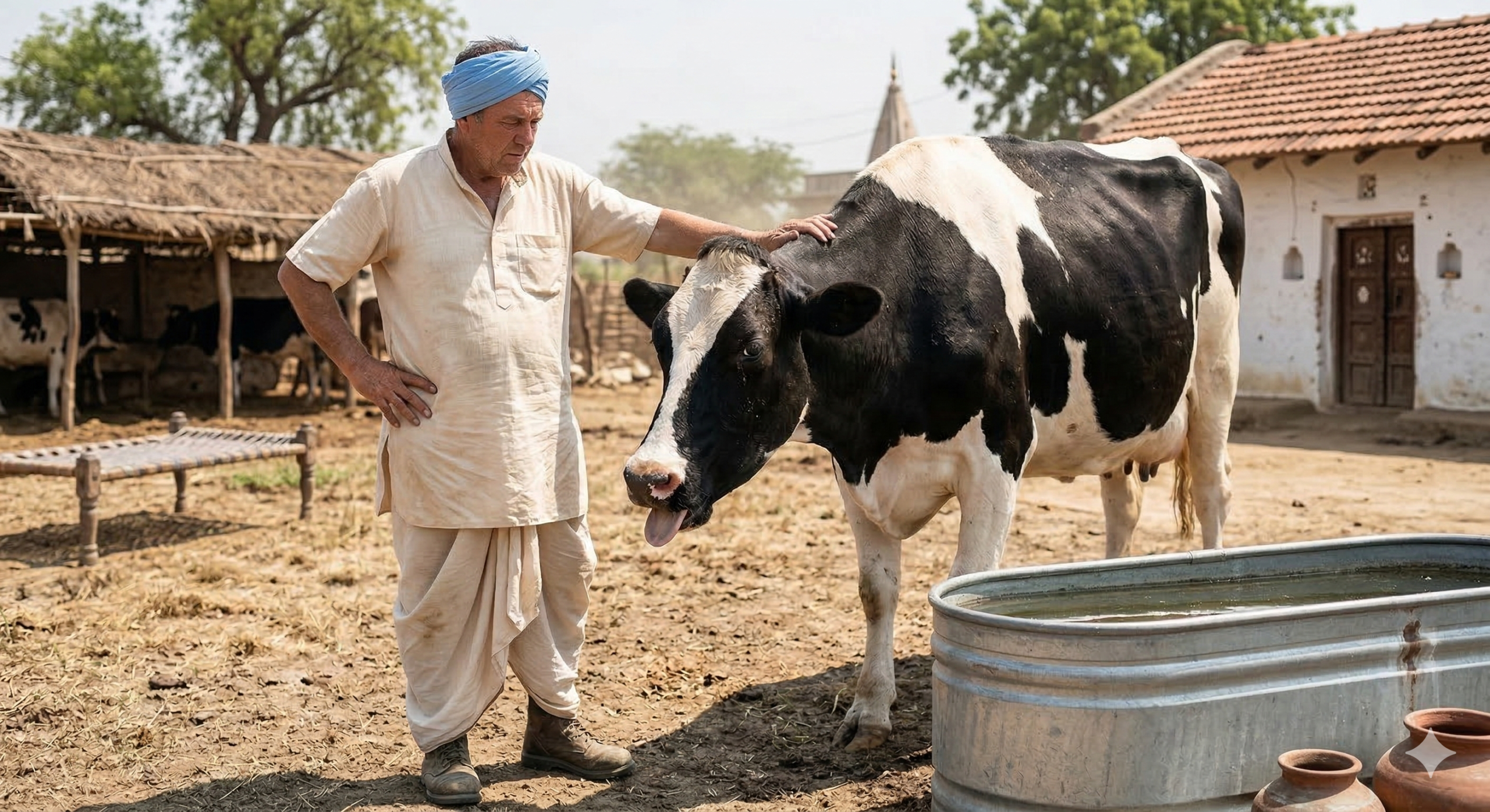 Image shows cattle facing heat stress in intense Indian Summer while farmer looks on