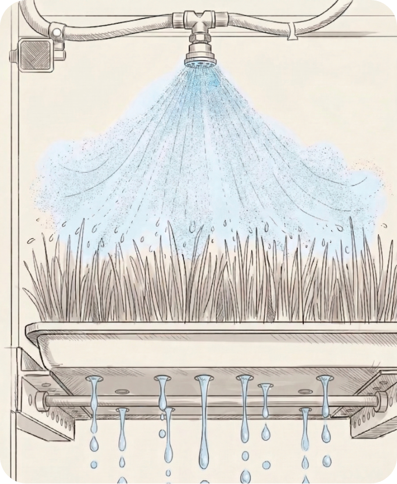 Aarambh Series — Sprinkler fogger nozzle irrigating hydroponic growth trays, water draining through tray base