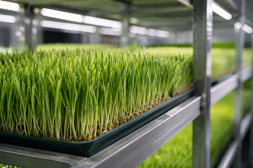close up of hydroponic fodder with data graphics