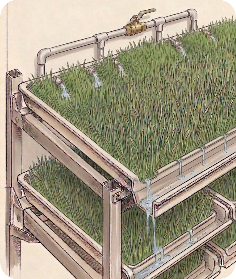 Viksit Series — Laminar flow tray with ball-valve controlled water inlet, lush fodder growth, and cascading water to lower tray levels