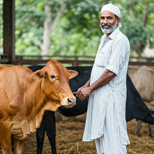 Authentic Indian dairy farmer with livestock