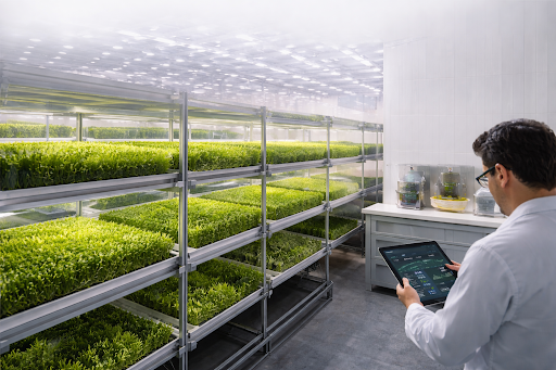 operator interacting with digital tablet in hydroponic environment