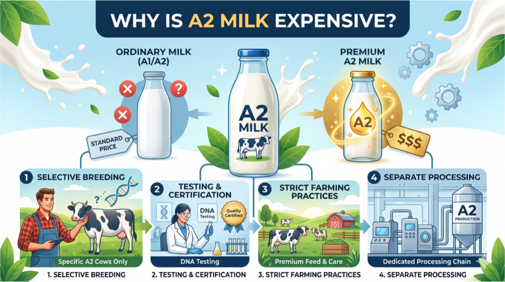 image explains reasons why A2 milk ir prices higher than regular milk