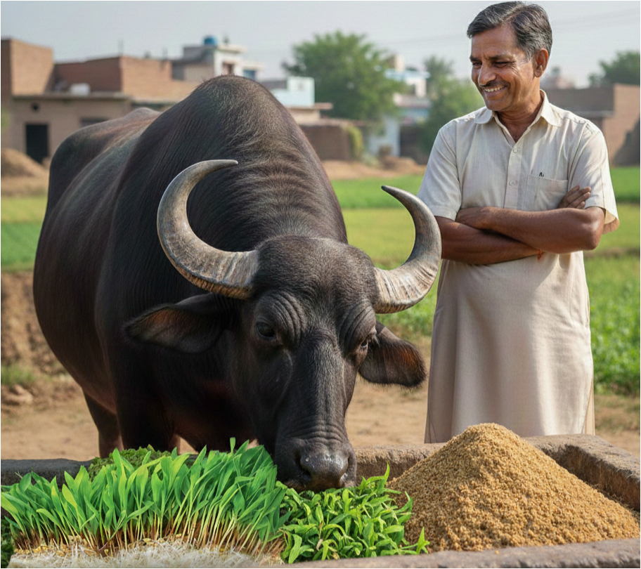 A dairy farmer smiling warmly while feeding green hydroponic fodder to healthy cattle in a rural Indian farmyard at golden hour