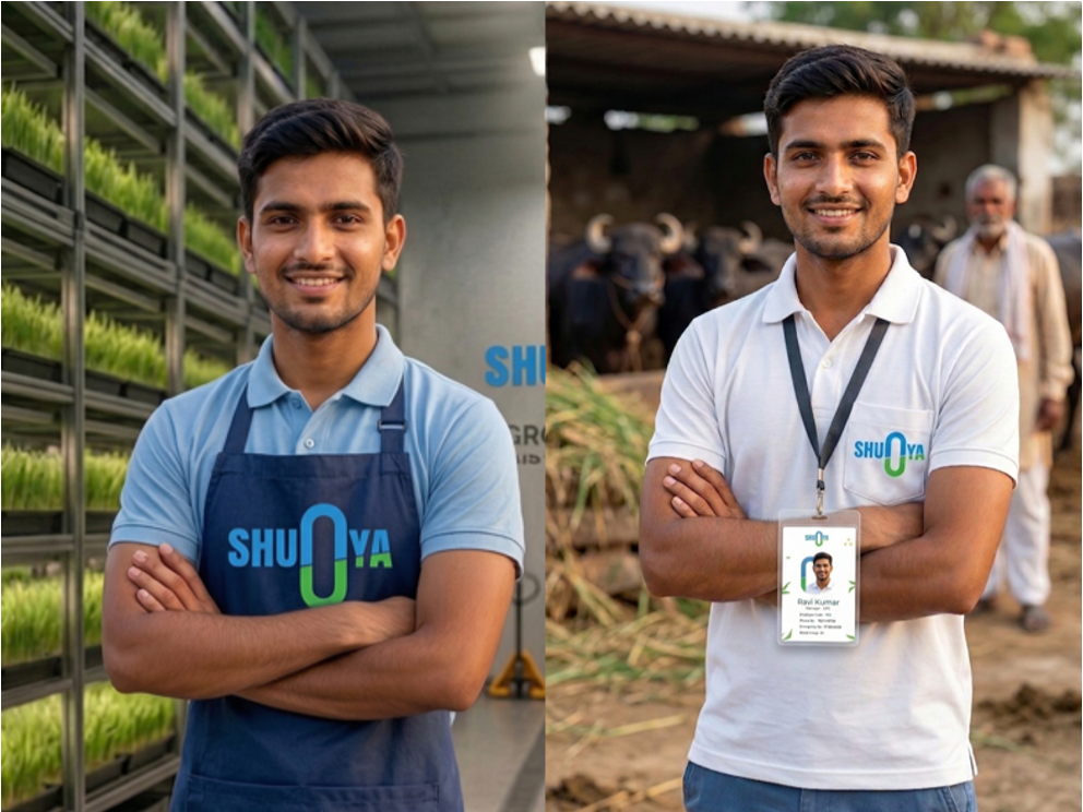 A diverse team of rural GLC workers tending to hydroponic fodder trays inside a clean, well-lit production facility