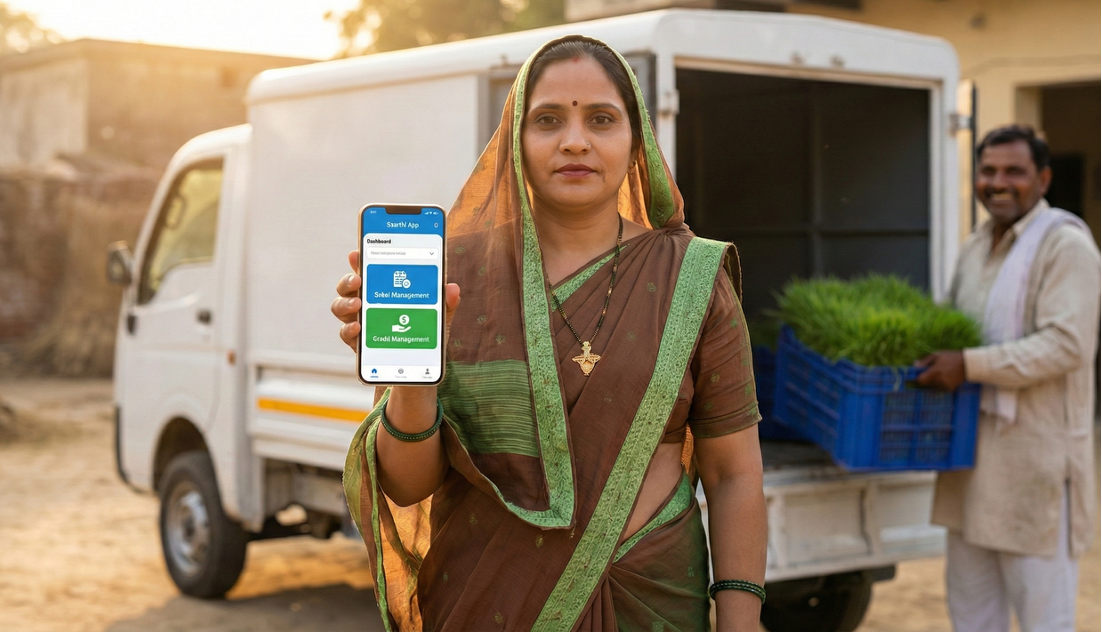 A small delivery truck loaded with green fodder packs on a rural Indian road at sunrise