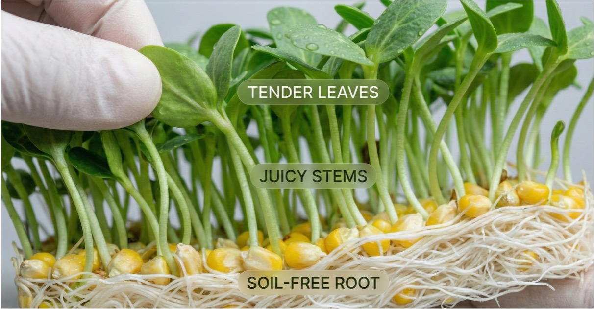 Lush green hydroponic fodder trays