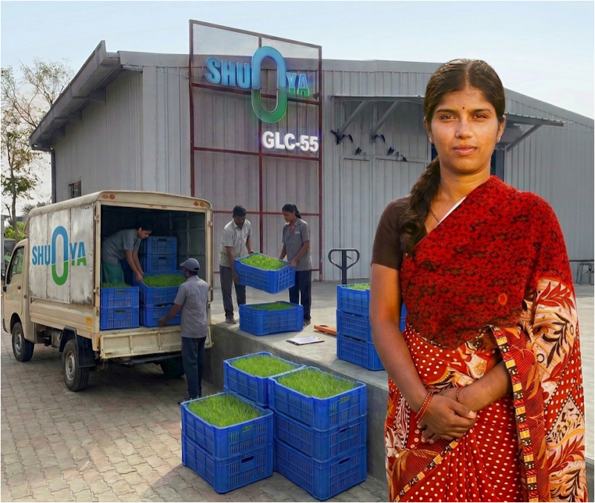 A proud rural entrepreneur standing in front of his own hydroponic production unit in a village setting