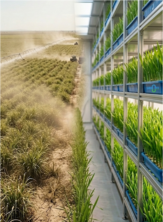 Vibrant green hydroponic fodder growing in clean trays inside a GLC, open countryside visible through a wide window