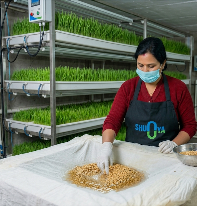 A young Indian woman confidently operating hydroponic equipment inside a modern GLC facility, focused and professional